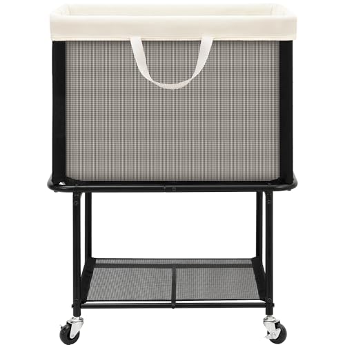 STO STO Rolling Laundry Hamper with Lockable Wheels, 29-Gallon (110L) Laundry Cart with Removable Canvas Bag, 2-Tier Clothes Basket Hamper with Shelf for Closet, Bedroom, Bathroom, Laundry Room, Beige - color: Beige