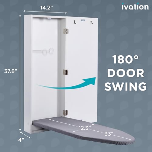 Ivation Wall-Mounted Ironing Board Cabinet, Foldable Ironing Storage Station for Home, Apartment , Easy-Release Lever, Garment Hooks, White - size: Right Side Door