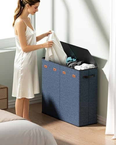185L Laundry Hamper 4 Section with Lid & Removable Bags - color: Navy Blue, size: 185L - 4 Section