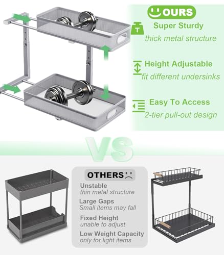 Under Sink Organizer 2 Pack, High Adjustable 2 Tier Under Sink Organizers and Storage, Slide out Metal Cabinet Organizers, Pull out Storage Drawer Shelf for Kitchen Bathroom Cabinet (Gray) - color: Gray