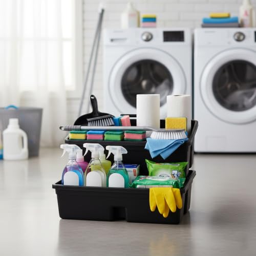 3-Compartment Plastic Cleaning Caddy Basket – Stackable Large Commercial Quality Plastic Tool Organizer Bucket with Handle, Black