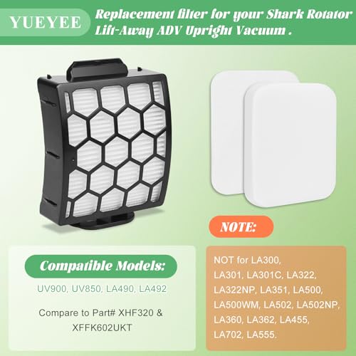 Filter Replacement for Shark UV850 UV900 UV950 LA492 Rotator Lift-Away ADV DuoClean PowerFins Upright Vacuum, Part XHF320 and XFFK602UKT, 4 Foam 2 HEPA - size: Shark UV850 2 HEPA 4 Foams Felt Filters
