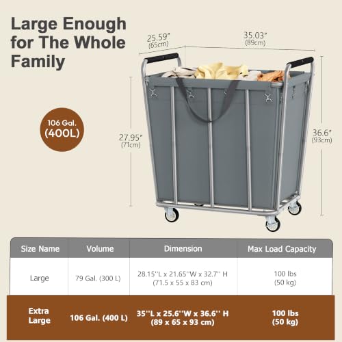 Hoctieon Large Laundry Cart with Wheels, 400L Heavy Duty Laundry Basket Organizer, Rolling Hamper Sorter for Clothes Storage, Industrial Dirty Clothes Hamper for Home & Hotel, Gray - color: Gray, size: 400L