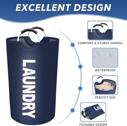 Vivicreate 115L Large Laundry Basket, Tall Collapsible Laundry Hamper with Aluminum Handles, Foldable Freestanding Clothes Storage Bin for Bedroom, Dorm, Bathroom (BLUE) - color: BLUE