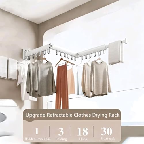 Foldable Clothes Drying Rack, Wall Mounted Retractable Hanger with 18 Hooks, No-Drill/Drill Dual Installation, Space-Saving Aluminum Laundry Rack for Balcony, Bathroom, Indoor Outdoor. (White) - color: White