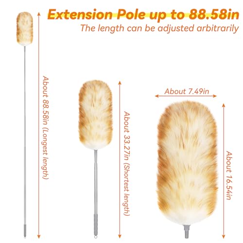 Lambswool Duster with Extendable Handle up to 88.58 in, Natural Feather Dusters Long Pole Stainless Steel, Fluffy Feather Duster for Cleaning High Floor Ceiling Fans, Window Blinds Shelves, Furniture