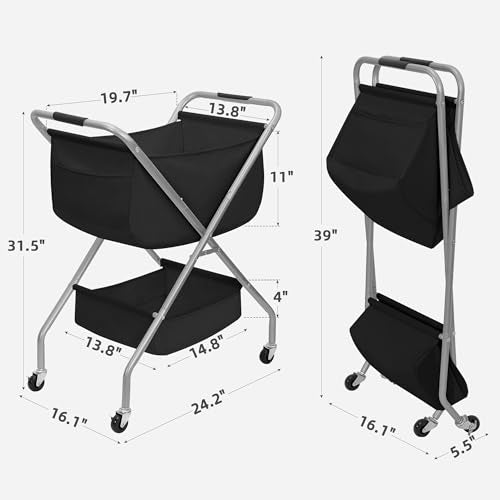 STORAGE MANIAC Collapsible Laundry Cart with Wheels 31.5"H Rolling Laundry Hamper Clothes Basket with Wheels, Canvas Liner Sturdy Steel Frame Folding for Small Narrow Space Easy Storage, Black - color: Black, size: 31.5"H with Handle