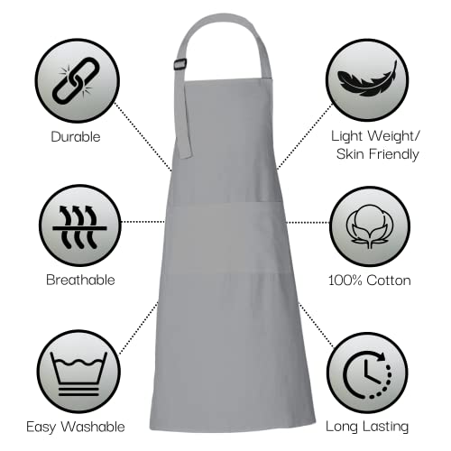 RAJRANG 100% Cotton Cooking Apron with 3 Pockets Kitchen Chef BBQ Adjustable Bib Aprons for Women Men - color: High-rise Grey
