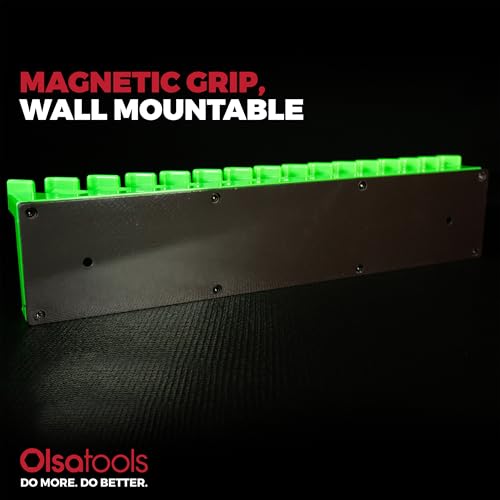 Olsa Tools Magnetic Wrench Organizer, Green - 15 Slot Wrench Holder Rack - SAE and Metric Wrench Storage Rail for Toolbox or Wall - Scratch Free Rubberized Magnetic Base - Part: 1875 - color: Green