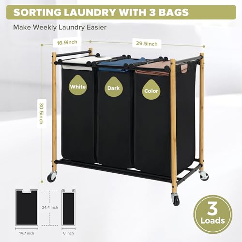 Laundry Sorter Hamper with Wheels, Heavy-Duty Laundry Basket Sorter Rolling Cart with Lockable Wheels and Removable Bags, Laundry Cart 3 Sections, Bamboo