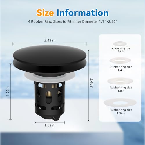 Universal Metal Bathroom Sink Stopper, Pop-Up Hair Catcher Strainer, Black - color: Matte Black