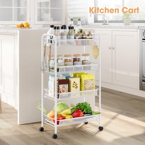 TOOLF 4 Tier Rolling Cart, Metal Utility Storage Cart with Wheels, White | 3 Hooks, Screwless Assembly, Trolley Organizer for Bathroom, Kitchen, Office, Nursery, Dorm, Laundry Room - color: White, size: 4-Tier