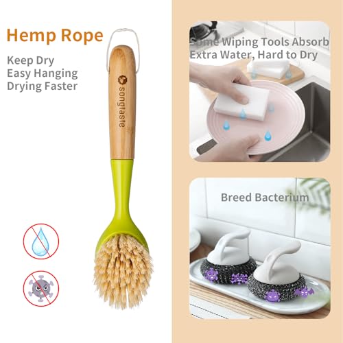 2 Pack Kitchen Dish Brush Bamboo Handle Dish Scrubber Built-in Scraper - style: Green