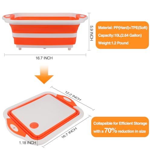 Collapsible BBQ Prep Tub/Cutting Board 10L, Foldable Dish Tub with Colander, Portable Camping Sink, Multifunction Dishing Basin Bucket Wash Tub for Kitchen Fruit Vegetable Picnic (Orange) - color: Orange