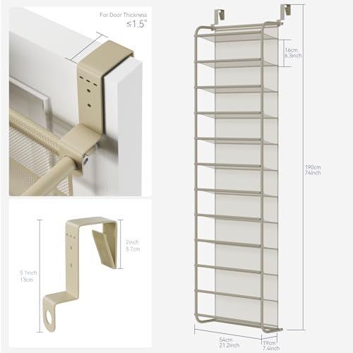 Whitmor 36 Pair Over the Door Shoe Rack,12 Tier Hanging Shoe Organizer with Metal Frame & Mesh Shelves, Heavy Duty Shoe Storage Holder for Door, No Drill Installation, 74" H x 21.7" W x 7.5" D, Oat - color: Oat
