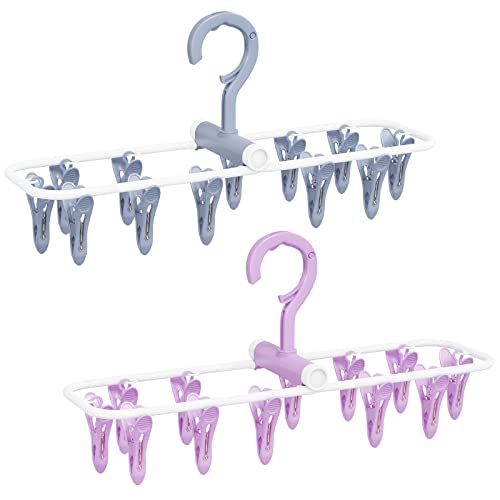 Clothes Drying Hanger with 12 Clips, 2 Pack Folding Portable Hanging Drying Rack,Drip Foldable Hanging Rack, 360° Rotatable Hook for Drying Towels Bras Baby Clothes Gloves Plastic(Blue&Purple) - color: Blue and Purple