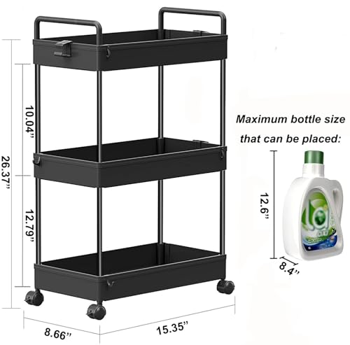 SOLEJAZZ 3 Tier Slim Rolling Storage Cart Organizer with Wheels, Black - color: Black, size: 3-Tier, 8.66"D
