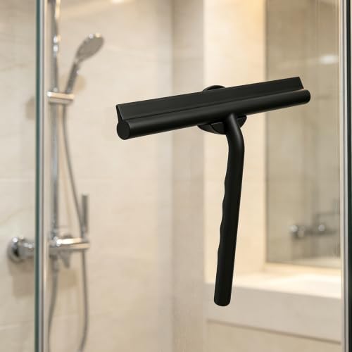Shower Squeegee for Glass Doors, Full Silicone Jacketed Squeegee with Ergonomic Handle & No-Drill Hook, Cleaning Tool for Windows, Mirrors, Tiles, Bathroom & Car - Black - color: Black, size: without loop