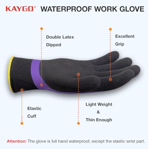KAYGO Waterproof Work Gloves, Non-Slip Double Latex Coated, KG150 - color: Purple, size: X-Small