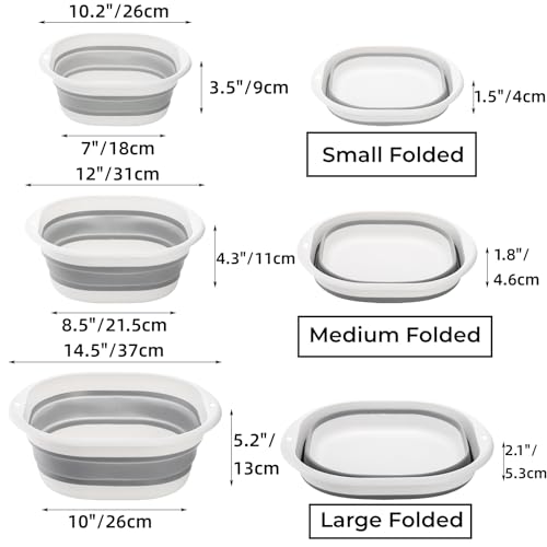 Goaste 3 Pack Collapsible Wash Basin, Portable Washing Basin, Foldable Dish Tub Square, Space Saving Plastic Washtub for Dishing, Fruit, Camping, Laundry, Hiking & Home (Grey)
