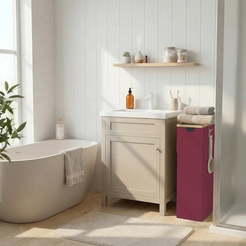 efluky Slim Laundry Basket with Lid, Narrow Laundry Hamper with Removable Bag, Skinny Dirty Clothes Basket with Bamboo Handles for Bathroom, Bedroom & Laundry Room (Burgundy, 75L) - color: Burgundy, size: 75L
