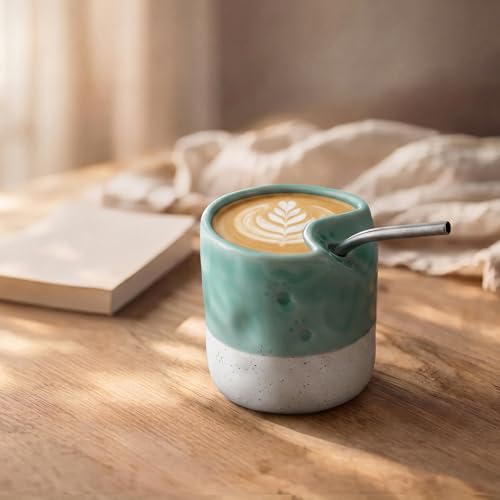 Ceramic Coffee Mug with Sip Hole 10oz Espresso Cup with Straw and Cleaning Brush Paw Pattern Green Cup Porcelain Travel Cups Cappuccino Latte Mug for Kitchen Coffee Bar - color: Green/White