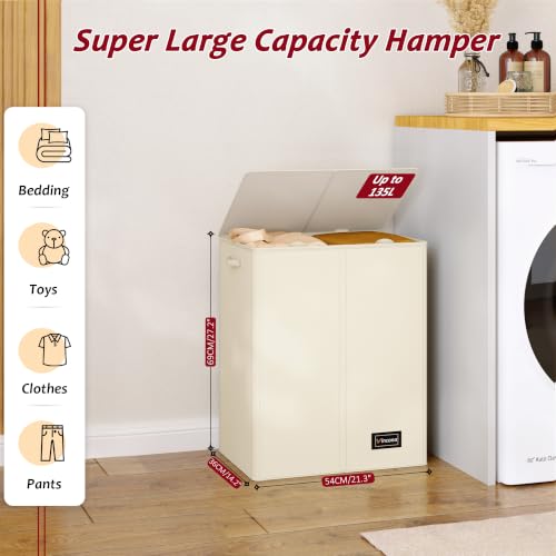 135L Laundry Hamper 2 Section, Large Laundry Hamper with Lid, Dirty Clothes Hamper with 2 Removable Inner Bags, Collapsible Laundry Basket Organizer for for Clothes Toys Towels, Hamper 2 Compartment - color: Beige, size: 135L