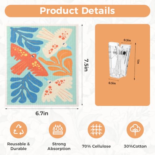 6 Pack Swedish Dishcloths for Kitchen,Abstract Floral Dish Towels with Clip - color: Blue Abstract Floral