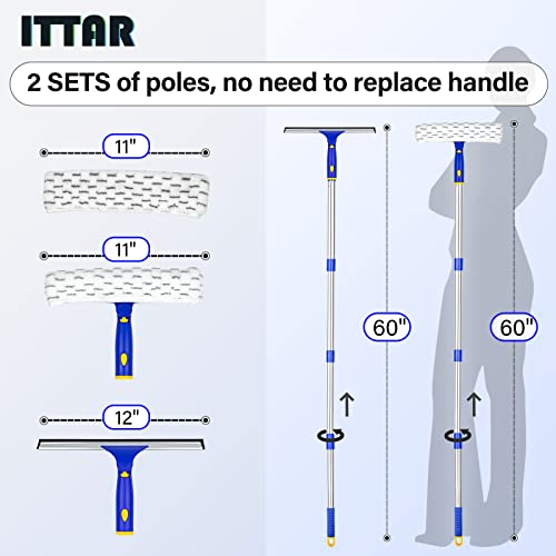 ITTAR Window Squeegee with 2 Sets Stainless Steel Pole, Squeegee Cleaning Tools with Microfiber Pads, 60"-72" Telescopic Window Washing Kit, Professional Squeegee Cleaner for Home Car Outside Glass