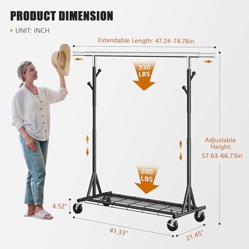 Gewudraw Clothes Rack Heavy Duty 530 LBS Capacity, Portable, Foldable,Black - color: Black, style: Single Rod
