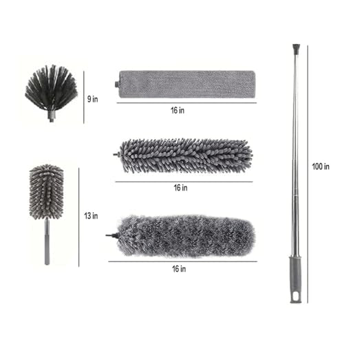 Microfiber Feather Duster Kit with 100” Extension Pole 6 PCS Reusable Bendable Washable Dusters for Cleaning Machine Washable Ceiling Fan Cleaner Duster for Cleaning Cobweb, Furniture, Blinds,Ceiling