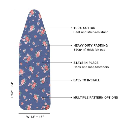 Ironing Board Cover and Pad Standard Size 15" x 54",3 Pairs of Hook and Loop Fastener Straps,Elastic Edges,Cotton Iron Board Cover with Scorch Resistant Thick Padding (Blue+Flowers) - color: Blue+flowers