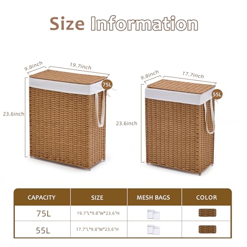 Slim Laundry Hamper with Lid, Handwoven Natural Water Hyacinth Basket - color: Brown, size: 65L