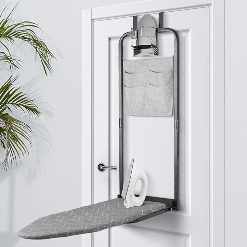 Seiritex Over the Door Ironing Board 14x42 inches with Iron Holder and Pocket Storage Bag, Hanging Iron Board for Home Laundry Room, Black - size: 14x42 inches