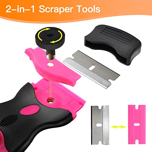 Razor Blade Scraper, Double Edged Razorblade Scraping Tool with 20Pcs Razor Blades, Plastic Paint Razor Scraper Cleaning Tool for Glass Top Stove,Window,Cooktop,Oven,Floor,Decals,Stickers,Labels(Pink) - color: Pink