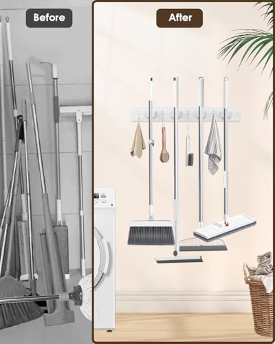 Broom Holder Wall Mounted, 2 Pack White 4 Holders and 4 Hooks Mop Holder, Wooden Mop and Broom Holder with Anti slip rubber, Natural pine wood Brush Holder, Mop Wall Holder with Nail installation - color: White, size: 2 Pack