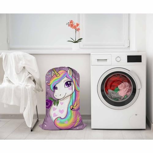 Swono Drawstring Laundry Bag Magic Unicorn Quote Believe In Magic Rose Oversize Storage/Travel Bag for Home - Measures 28 x 40 Inches, Oxford Cloth, Purple - color: Magic Unicorn