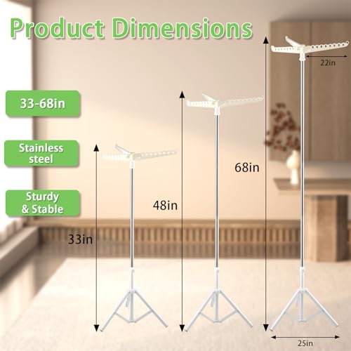 Clothes Drying Rack, Drying Rack 33-68 inches Stable and Heavy-Duty Tripod Base Thickened Stainless Steel Saving Space 27 Pieces of Clothing - color: White