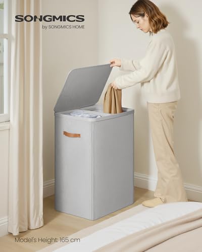 SONGMICS Laundry Basket, 170L Laundry Hamper with Lid, 2 Removable Bags - color: Dove Gray, size: 170 L (2-Section)