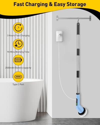 Electric Spin Scrubber for Bathroom, Shower Scrubber with Long Handle - color: Sky, size: 3 Brush Heads