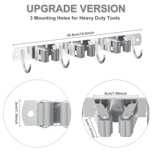HANZENMA Broom Holder Wall Mount, Broom Organizer Wall Mount Stainless Steel Broom and Mop Hanger Heavy Duty Storage Organization for Home Kitchen Garden Garage Room 3 Racks 4 Hooks Grey - color: Grey, size: 3 Racks 4 Hooks