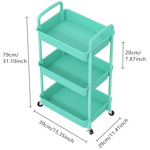 MOYIPIN 3-Tier Plastic Rolling Utility Cart with Handle,Turquoise - color: Turquoise, size: 3-Tiers without cups
