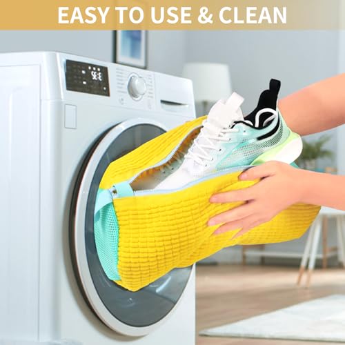 2 Pack Shoe Washing Machine Bag, Laundry Shoe Bag for Washer and Dryer, Reusable Shoe Cleaning Bag for Sneakers and All Shoes Types with Self-Locking Zipper (Yellow) - color: Yellow
