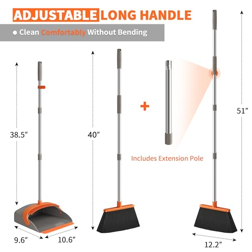 Upgraded Broom and Dustpan Set, 52" Long Handle Standing Combo with Self-Cleaning Teeth – Perfect for Pet Hair, Kitchen, Office, Home, Indoor & Outdoor Cleaning(Orange & Gray) - color: Orange & Gray