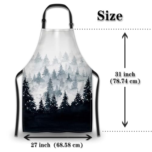 Chef Apron for Men Watercolor Mountains Landscape Trees Pinafore Aprons for Women for Kitchen Cooking Restaurant BBQ Painting Crafting 27” (W) x 31” (H), Waterproof Apron - color: Misty Forest