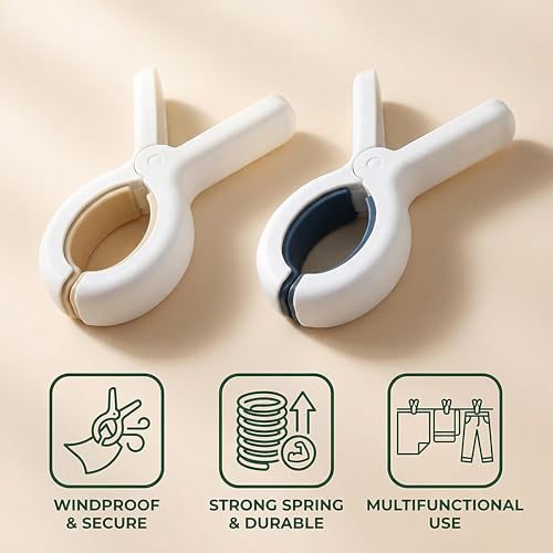 10 Pack Outdoor Beach Towel Clips, Windproof Clothes Clips, Heavy Duty Plastic Clothes Pins with Metal Springs for Drying Laundry, Blankets on Hanging Rack (White)
