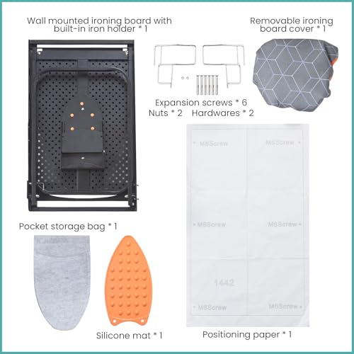 Seiritex Wall Mounted Ironing Board with Iron Holder, 42x14 Compact Mount Foldable Ironing Board for Small Spaces, Space Saving with Cotton Fabric Cover and Silicone Iron Rest - size: 14x42 inches
