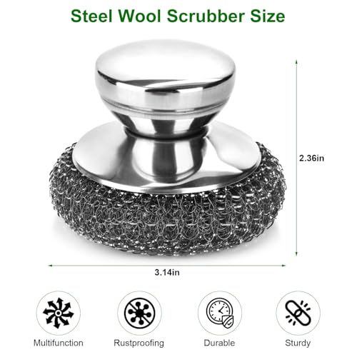 4PCS Steel Wool Scrubber Pads, Stainless Steel Scrubber Set with 3Pcs Steel Wool Pads, Steel Scrubber for Dishes, Ideal for Cleaning Cast Iron, Pots, Pans, Grills, Stoves, Sink, Kitchen Household