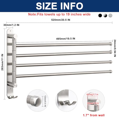 NearMoon Swivel Towel Rack, 19.5" Thicken 304 Stainless Steel 4-Arm Towel Bar, Space Saving Wall Mounted Towel Holder with Hook, Rustproof Swing Out Towel Hanger for Bathroom, Kitchen (Brushed Nickel) - color: Brushed Nickel, size: 19.5 Inch-Round