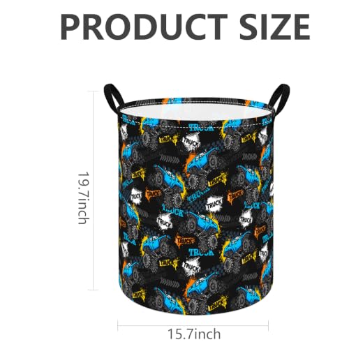 Boys Storage Basket Kids Hamper, 15.7"D x19.7"H, Monster Truck Print Waterproof Lining, Leather Handles, Collapsible for Boys Toys, Laundry, Kids Gift - color: Monster Truck Black